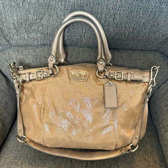 Coach Handbags - Coach Tan Metallic  Madison Satchel with Double Handles and Detachable Strap